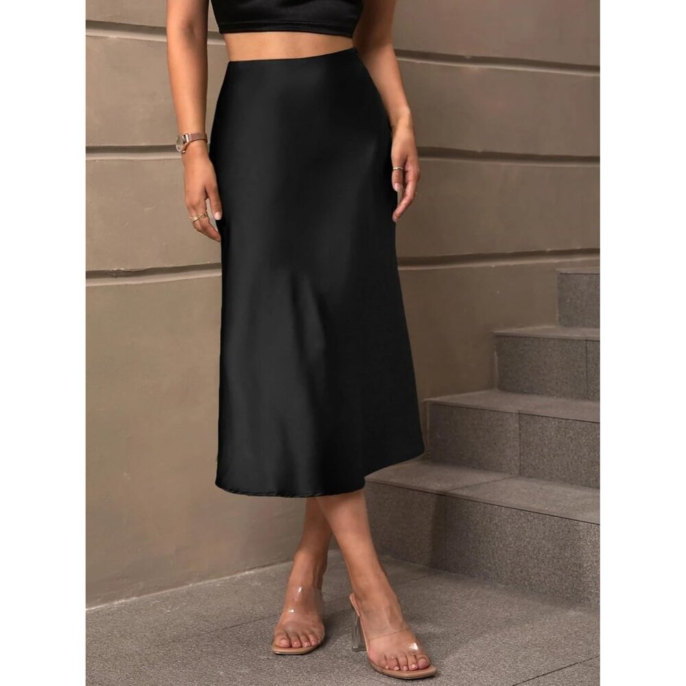 Women's Black Satin Elegant Fishtail Silk A Line Casual luxurious Midi Skirt - Picture 5 of 6